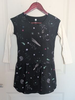 Tea Collection Black Space-Print Layered Dress with Cream Sleeves